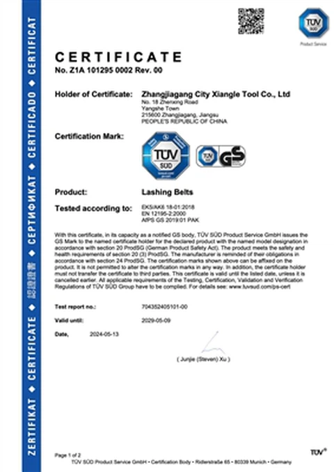 Certificat TUV et rapport de test pour la sangle à cliquet XIANGLE